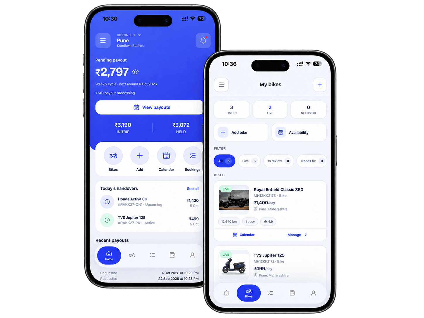 RideAway Host Mode app showing earnings dashboard and fleet management on iPhone