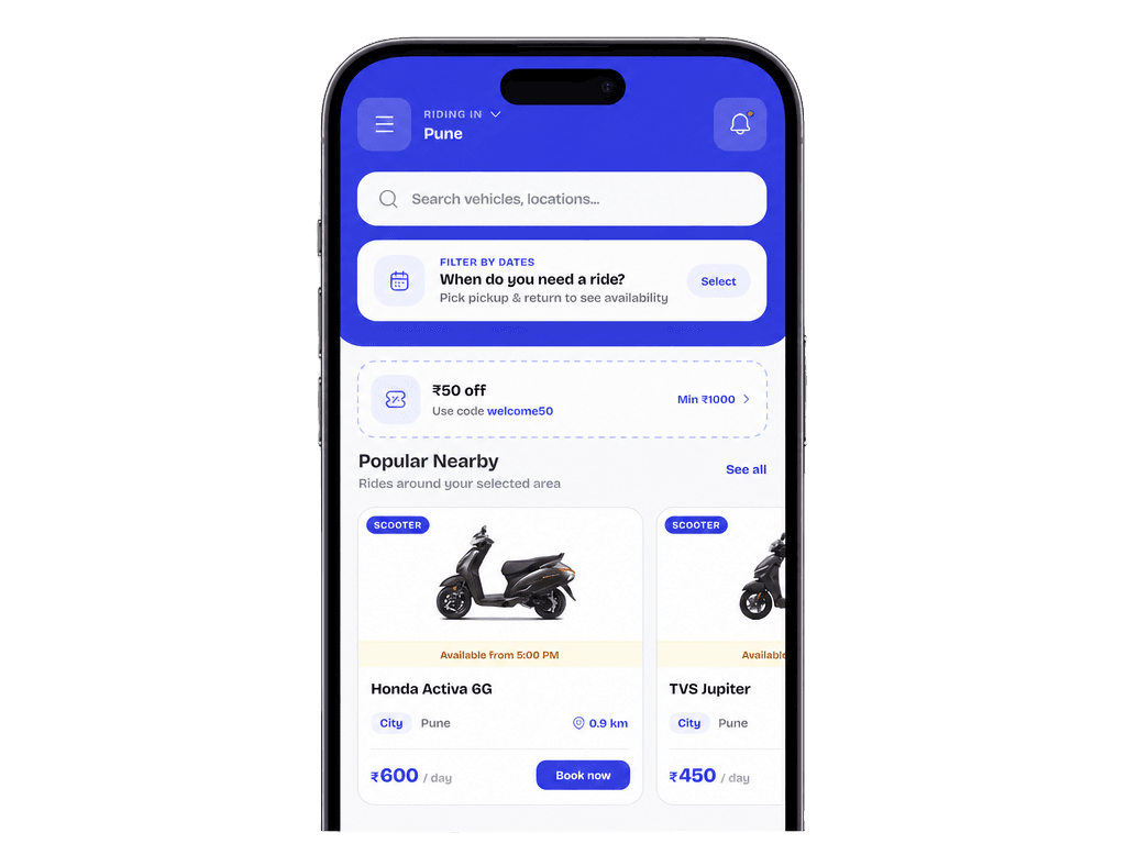 RideAway app showing popular nearby scooters and bikes