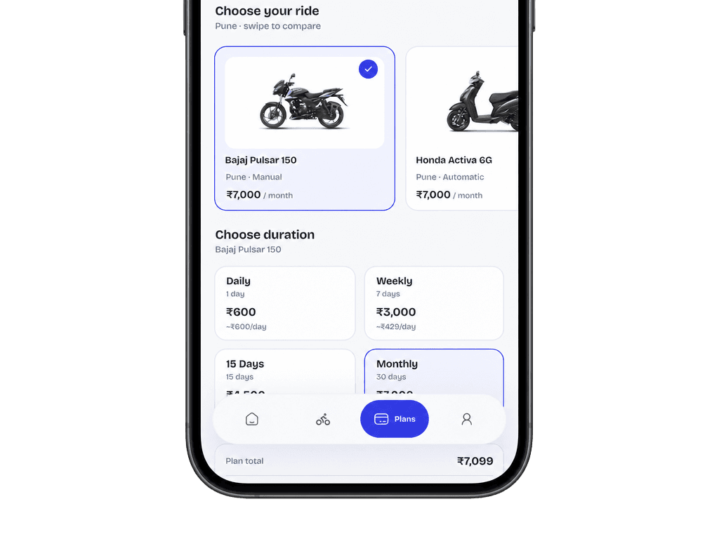 RideAway app showing ride and duration plan selection
